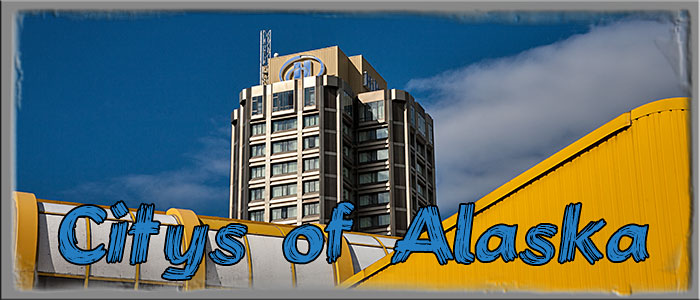 Alaska, Hochhaus von Anchorage mit Titeltext