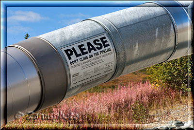 Detail der Transalaska Pipeline mit einem Hinweisschild für Besucher an der Oil-Pipeline