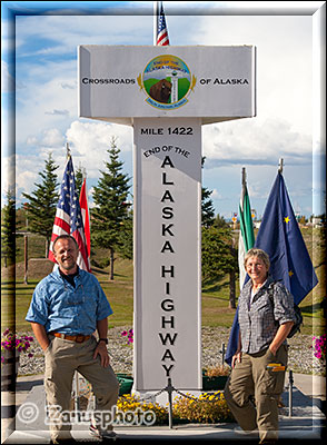 Pylon am Ende des Alaska Highways in Delta Junction