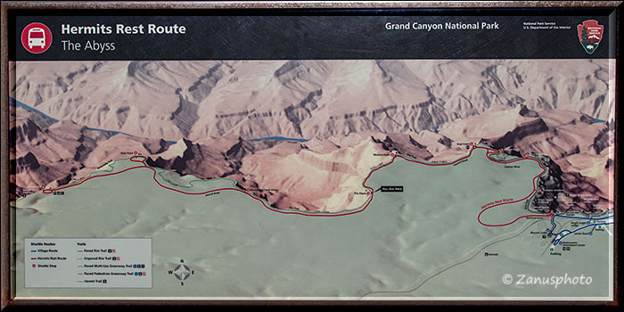Anzeigetafel für den West Rim Drive im Grand Canyon Park
