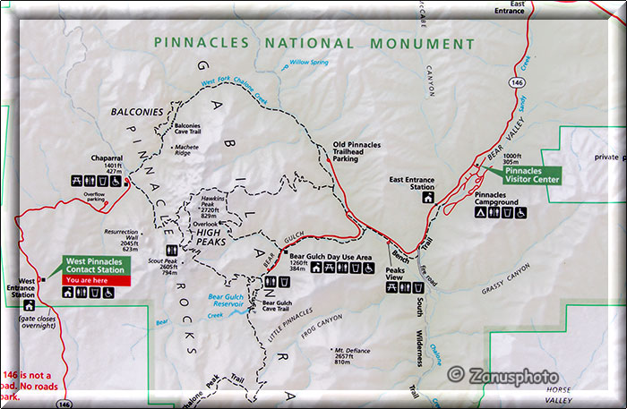Pinnacles National Park, wir sehen eine Map die das ganze Gebiet des National Parks zeigt