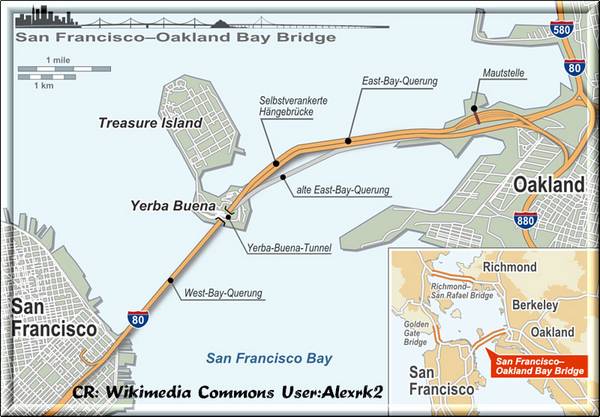 San Francisco 2, Map für die Bay Bridge mit geplantem Bridge Ausbau darüber