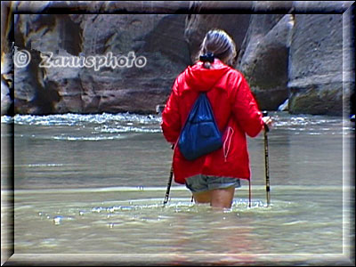 Hier steht der Wanderer an besonders tiefer Stelle des Virgin River