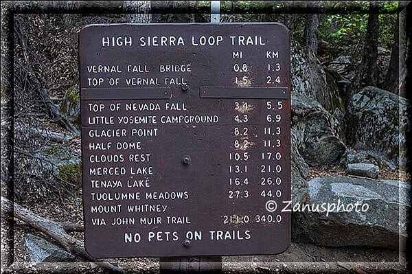 Yosemite Park, auf dieser Infotafel sind alle Trails im Park aufgeführt mit Wanderzeiten und Entfernungen