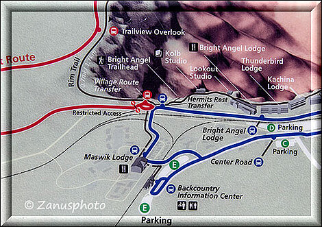Karte mit der Maswik Lodge am Anfang des Hermits Rest Drives im Grand Canyon