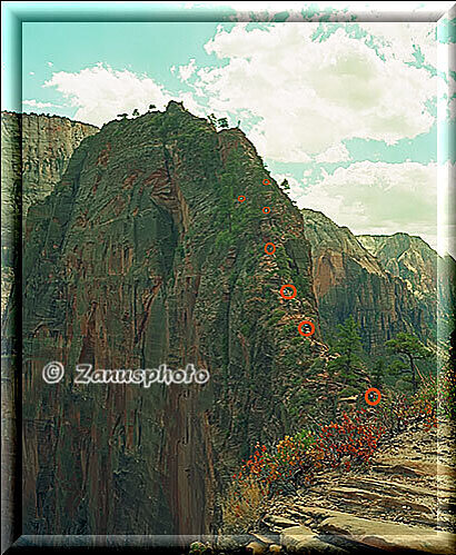 Angels Landing, rote Punkte im Bild zeigen wo sich gerade Kletterer befinden