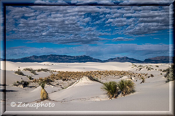 White Sands, lockere Wolken am Himmel lassen uns hoffen das kein Regen kommen wird