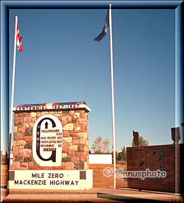 Mile Zero Mackenzie Highway Sign in Grimshaw