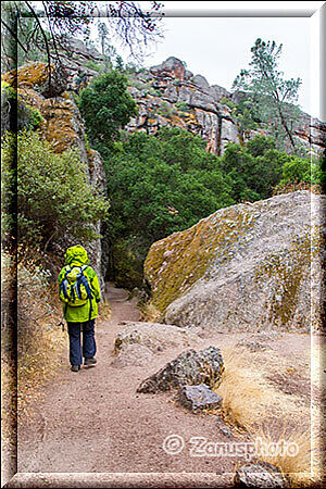 Pinnacles National Park, der Trail windet sich durch breite Felsen