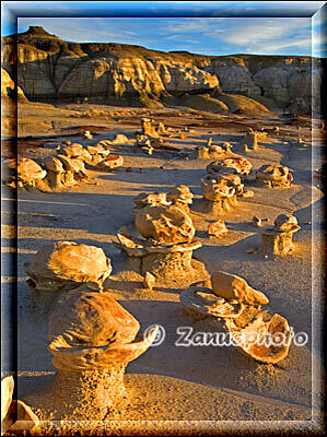 Bisti Wilderness, die Cracked Eggs liegen im Abendlicht vor dem Fotografen